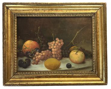 K1795 Framed oil on canvas featuring a still life setting of fruit. Signed and dated in lower right-hand corner J. F. Francis 1883. John F. Francis (1808-1886), a self-taught and highly sought after artist, was born in Philadelphia, Pennsylvania. Framed measurements: 15 ½ wide x 1 ¼ thick x 12 ½ tall. Canvas measures 12 wide x 9 tall.  