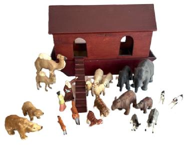 **SOLD** M3 19th century German style Noah's Ark with Noah and his wife as well as ten pairs of detailed animals. Many of the animals have real hide-covered bodies. The wood appears to be pine with small wire nail construction. Ark retains its original red painted surface and measures 18 ½ long x 7 wide x ~11 ¼ tall. The ramp measures 10 long x 1 ½ wide.