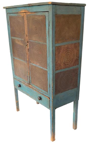 F174 Mid 19th century Shenandoah Valley Virginia twelve hand punched tins in a circle pattern Pie Safe, , in the original beautiful dry blue paint, two doors, over drawers, , the interior of the Pie Safe is a dark dry red, nice an clean circa 1840 Measurements are 15 1/2" deep x 39" wide x 61” tall
