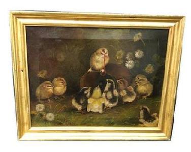 F18 Wonderful oil painting of a baby chick standing on an old tin can with a worm in his beak and nine additional fluffy chicks gathered around. Painting is attributed to world renown artist, Ben Austrian (1870 – 1921).