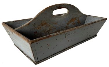 D472 19th century Virginia, Cutlery Box in early 19th century pewter gray paint, dovetailed case, canted sides ,with high arch center divider, and a cut out handle , the wood is cherry, circa 1820