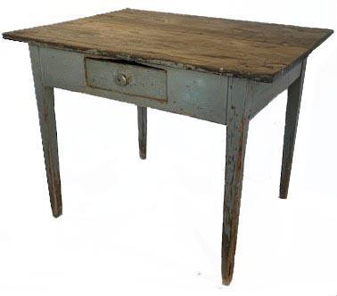 L86 19th century Maryland original gray painted one drawer worktable resting on tapered legs. Dovetailed drawer. The apron is mortised into the legs. Circa 1850s. The wood is pine. Measurements: 37 ½ wide x 28 deep x 28 ½ tall. Apron to floor measures 22.