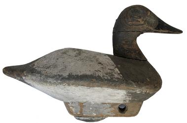 E373 Early Canvasback Hen with very unusual hand-chopped body and wooden keel with iron weight. Glass eyes. Tight crack to the neck. Circa 1940s Bishop Head Club - Maker unknown. Measurements: 14 long x 10 tall with keel/weight x 6 1/2 wide