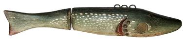E367 Folk Art ice Fishng Decoy with a hinged tail, two inset brass coins, J.E. in trade  Measurements are: 12" long x 2 1/4" tall  x 2" wide