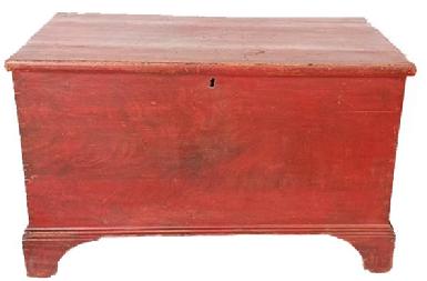 L534 Small sized 18th century New England original red painted pine blanket chest with dovetailed case and applied bracket base with nice cut out feet. Applied simple molded edges surround the lid. The clean, natural patina interior boasts a lidded till and original strap hinges. The wood is pine with dovetail, rosehead nails and T nail construction. Circa 1780s-1800. Measurements: 34 ¾ wide x 19 ½ deep x 21 ¼ tall.