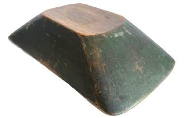 **SOLD** L504 Large 19th century hand chopped solid wooden Trencher bearing original green painted surface. There are hand hewn marks evident throughout exterior with excessive chop/slice marks on the interior of this large trencher. a large inlaid heart-shaped make-do repair in the bottom center due to extensive use over the years. Circa 1850s. Approximate measurements: 23 ½ long x 13 wide x 5 ¼ deep.