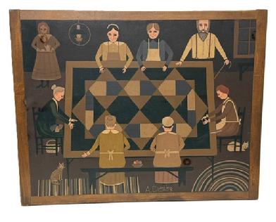 M191 Folk Art oil painting by Arthur E. Glazier (East Berlin, Pennsylvania, 1928-2015) depicting a scene of a Quilting Bee. This wonderful artwork is hand painted on a reclaimed wooden bread board and is prominently signed A. Glazier along the bottom border. This painting was from Mr. Glaziers familys private collection. Measurements: 28 wide x 22 tall.
