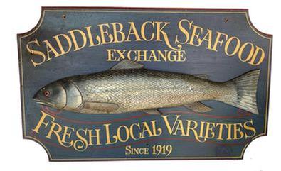 G728 Trade Sign advertising “Saddleback Seafood Exchange” “Fresh Local Varieties Since 1919” with a large, high relief-carved and painted fish in the center featuring detailed fins, scales, tail, mouth, gills and eye. Scalloped, molded-border edges, and vibrant paint colors add to the overall appeal! This mid 20th century Trade Sign