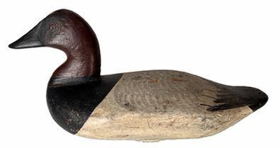 H164 Canvasback Drake, James Holly, Havre de Grace, MD. Nice, solid bird in original paint. Lead weight secured with two nails. Two nails and small piece of leather from what looks like original line tie.