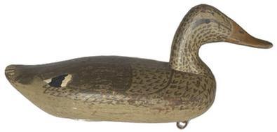 K1538 Branded Hen Decoy carved by James A. "Jim" Currier (1886-1969) Havre de Grace, MD bearing the O O brand on bottom. This brand was known as the Double O and belonged to the rig of Oliver Nash from Kent Island, Maryland. Original staple, ring and weight remain intact on bottom.