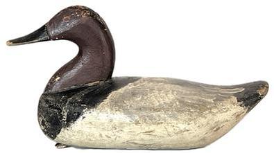 K1746 Branded Canvasback Drake Decoy -carved by August Heinefield (1883-1952) from Rock Hall, Maryland. Branded L on bottom. Decoy bears what appears to be a second coat of old working paint surface and original staple and ring remain intact on bottom.