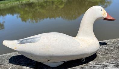 H438 Jim Pierce Snow Goose Decoy - signed on bottom Jim Pierce HdGrace, MD and Branded "P" and "JP". Original paint. Retains original weight, ring and staple on bottom.
