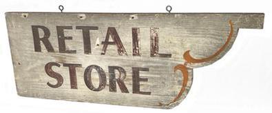 J219 Late 19th century wooden Trade Sign advertising "Retail Store". This single-sided sign boasts brown painted letters on a white background with orange scroll paintwork along the scalloped cut out end. One board. Original iron eye hook hangers remain intact on the top edge. Measurements: 30” wide x ¾” deep x 11 3/8” tall