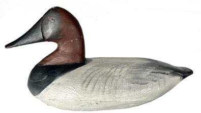 J232 Upper Susquehanna Canvasback Decoy carver unknown. Working repaint surface. Original staple, ring and weight intact on bottom.