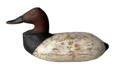 **SOLD** J328 Upper Susquehanna Flats Canvasback Decoy very folky carving carver unknown. Original weight and rigging intact on bottom.