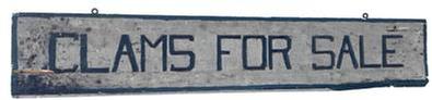 RM1487 Wooden trade sign advertising "CLAMS FOR SALE” hand painted in black letters on a white background. Letters have green shadowing, and a green border surrounds all sides of the sign. Single sided. Measurements: 36" wide x 6 1/2" tall x 3/4" thick.