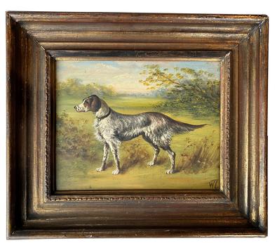 SB10 On Point" Bird Dog painting oil on artist board dates to the late 19th century, There is a signature W.H. The artist captured the motion very competently. As the painting is over 100 years old from Baltimore MD , in the original frame and information on back that it was framed in Baltimore