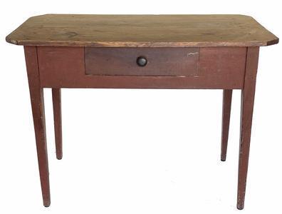 **SOLD** G643 19th century Shenandoah Valley, Virginia dry red painted yellow pine work table with three board rectangular scrub top with clipped corners, over one dovetailed drawer on nicely tapered legs.