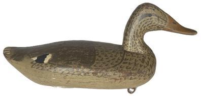 K1538 Branded Hen Decoy carved by James A. "Jim" Currier (1886-1969) Havre de Grace, MD bearing the �O O� brand on bottom. This brand was known as the �Double O� and belonged to the rig of Oliver Nash from Kent Island, Maryland. Original staple, ring and weight remain intact on bottom. 