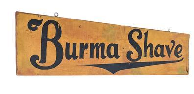 K1671 Double sided roadside trade sign advertising �Burma Shave� on both sides. Solid wood with black painted letters on a yellow background. Circa 1920s-1930s. Measurements:  36� wide x &frac34;� thick x 9� tall.  