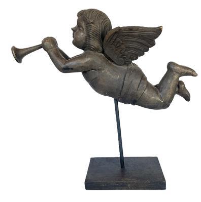 K1781 Beautiful 19th century hand carved wood Putti. Papier Mache mold retaining its original surface.  Solid hand-carved wood construction with exquisite details.  This type of mold was used as a pattern to make Papier Mache� Christmas, Easter and Halloween items. You can see fine knife cuts on the arms where the Papier Mache was cut away when dry. A lovely decorative piece of history. Mounted on metal / wood stand for display. Approximate measurements of the Putti are: ~30� long x ~16� wide x ~16� tall. The overall mounted height is ~28 &frac12;� tall. The base measures 13� long x 7 &frac34;� wide x 1 &frac12;� thick.   