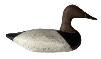 K182 High head Canvasback Db McGaw (1879-1958) of Havre drake Decoy carved by Bob Grace, Maryland. Original staple, ring, and weight intact on bottom. Surface bears multiple layers of old working paint with original painted surface showing in some areas � and bears evidence of being shot over.  
