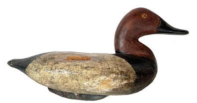 **SOLD** K48 Canvasback Drake Decoy carved by Capt. Ben Dye (1827-1896) of Perryville, MD bearing second coat of working paint. Original iron keel weight intact on bottom. Wear indicative of use. Approximate measurements: 14 &frac12;� long x 6� wide x 7 &frac12;� tall