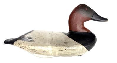 RM1582 Canvasback Drake decoy carved by Carroll "Wally" Algard (1883-1959) of Charlestown, Maryland with semi-high head and high neck shelf and original weight, staple and ring intact on bottom. Algard was a railroad track foreman who worked for the Pennsylvania Railroad. He was also a waterfowl hunter who made fine decoys.