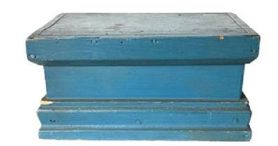 Z81 19th century identified lift lid box with original old blue paint. Wonderful, applied molding surrounds the top and bottom. Faint pencil notation with maker's name and 1840 written on bottom. The wood is pine with square head nail construction. Overall Measurements: 11 1/8 wide x 7 deep x 5 5/8 tall.