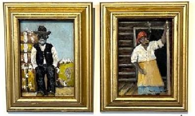 K1833 Pair of Portrait Paintings of a black man and a black lady signed by Christopher Willett (1959 -Present) of Bucks County, Pennsylvania. Each painting is oil on board, with the artist’s signature in lower right hand corners. The gentleman has “The Foreman Mississippi” written on back with signature of Chrostopher Willett below. The lady smoking her pipe has “After Dinner” written on back with signature of Christopher Willett below. Each frame measures 8” wide x 1 ½” deep x 10” tall. The paintings are each done on board measuring 5” wide x 7” tall.
