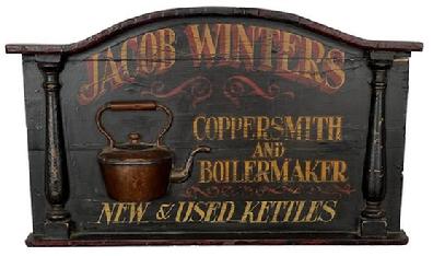 K222 Trade Sign advertising �Jacob Winters - Coppersmith and Boilermaker � New & Used Kettles� hand painted in mustard letters with red shadowing /accents on a black painted background. The sign boasts half of a copper kettle applied in the center with applied shaped molding along the top edge and applied decorative wooden pillars on each side of the lettering. This mid-20th century Trade Sign was made to look like those of the early 1900s. Very sturdy and heavy. Measurements:  35 &frac34;� wide x 2 &frac14;� deep x 21 &frac12;� tall. The copper kettle is 3 &frac14;� deep. 