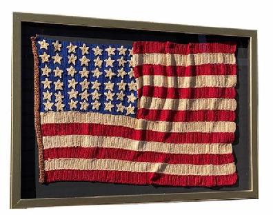 RM1464 Nice, hand crocheted 48 Star Flag - with very detailed individually applied crocheted stars. Has been professionally mounted and framed. 
