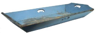 Y148 Late 19th century wooden Apple Tray , with the original blue paint it is well-crafted with beautiful form featuring canted sides and heart cut-out handles on all four sides.