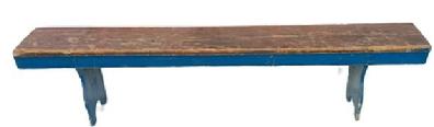 L282 Pennsylvania double mortised Bench with the top retaining remnants of its original red painted surface, whereas the bottom retains an older layer of blue paint. Bench boasts shaped ends, half-moon cut out feet, and a drop apron on one side. The legs are double mortised through the top. Very sturdy. Circa 1820s-1830s. Measurements: 87 long x 12 ¾ deep x 20 tall.