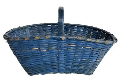 **SOLD** M173 Late 19th century Pennsylvania rectangular shaped hand-woven splint basket bearing its original blue painted surface. This nicely woven split ash basket features canted sides and a single-wrapped double-rim with a hand-hewn, notched, steamed and bent handle. Circa 1880-1900.
