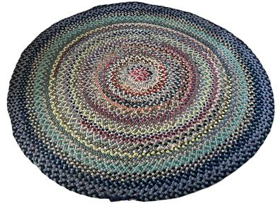 L78 Handmade braided rug found in Pennsylvania. Well made rug with strips of wool in beautiful blues and various other vibrant colors braided and hand stitched together. Great condition with very minor wear as shown in photos. Measurements: 78 x 74 diameter.  