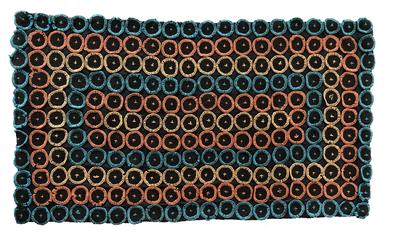 D547 Pennsylvania Amish Penny Rug, with black fabric mounted to a woven coverlet backand round yarn stitched bound wool pennies stitched applied with pennies