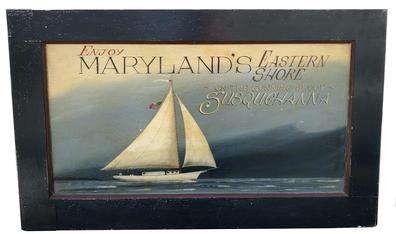 E216 Mike Butler (Suffork Va. ) Folk Art wooden trade sign SIGN, depicting a ship with American flag, signed and dated 1997 on verso. Painted on an old door. 1997. 27 1/2" x 46".