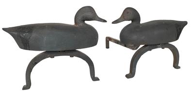 E222 1925-1930'S. ORIGINAL PAIR OF DECOY ANDIORS THEY ARE BOTH VERY WELL SIGNED/MARKED RICHARD F.H. CLANCEY SOUTH ST. NEEDHAM, MA. (MASSACHUSETTS). MANY OF RICHARD CLANCEY'S CAST IRON WORK IS SIMPLY MARKED R.F.H. CLANCEY BUT THIS PAIR OF ANDIRONS HAPPENS TO HAVE IS 1ST NAME RATHER THAN JUST HIS INITIALS. They are cast iron pair of Decoy Andirons each decoy embossed on reverse "RICHARD F.H. CLANCEY / SOUTH ST. / NEEDHAM, MASS.", base "SOUTH ST. / RICHARD CLANCEY / NEEDHAM, MASS." and rear log supports stamped "RICHARD F.H. CLANCEY / SOUTH ST. / NEEDHAM. MASS.". First half 20th century. 11" H,19 3/4" D.