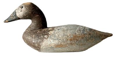 E265 Early Canvasback Hen decoy carved by John B. Graham (1822-1912) Charlestown, MD. Upper Bay Susquehanna Flats decoy with tack eyes and early 2nd coat of paint over the original paint. Traces of a brand on bottom of decoy. Circa 1900.
