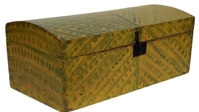 E406 New England vibrantly painted dome lid box, 19th c., retaining its original yellow paint featuring broadly brushed stripes and dabbed green paint decoration. Dovetailed case and square nailed construction with wallpapered interior. Box retains its interior vapor barrier molding, original iron hardware, iron lock and hasp. Measurements: 10 1/4" h x 26" w
