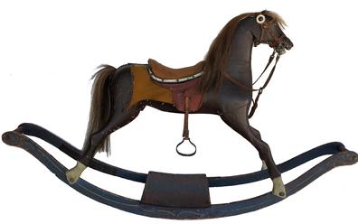 E432 19th century American carved Rocking Horse on bow rocker , with original blue rockers with mustard decoration, and brown wooden body, leather sadder with horse hair mane and tail Measurement 55 1/2" long x 31 1/2" tall
