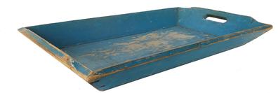 E483 19th century wooden Apple Tray , with the original blue paint it is well-crafted with beautiful form featuring canted sides and cut-out handles on sides. The apple tray is painted a dry and well oxidized blue paint, it is in tight and sturdy condition