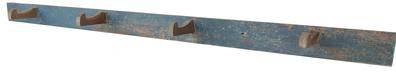 E488 19th century New England original blue painted Peg Rack with four pegs, circa 1820 mounted on a single board Measurements are 2 1/4" tall x 40 1/4” long