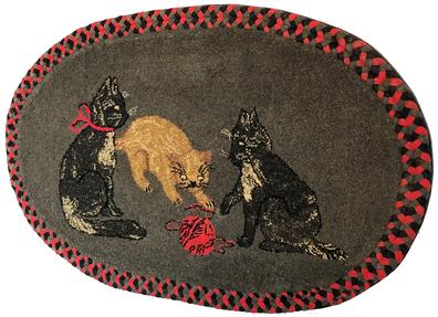 E538 Exemplary American Hooked and Braided Rug on stretcher, ready to hang – features three playful cats with a ball of yarn centered in a tightly hooked oval grey wool background with two complimentary braided wool rows to frame the outer border. Wonderful detail within the cats gives each their own personality. Highly skilled workmanship throughout. Measurements: 40” x 25” Oval