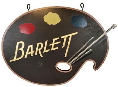 E70 Folk Art Wooden Trade Sign for Barlet art Supplies Circa 1940s: Unusual and well done wooden trade sign for "Barlet "collectors of trade signs will appreciate the talented brush work and typographical flair this signmaker exhibited. Wonderful original surface and great colors make this a highly desirable size and subject matter.Measures 44" long x 30 1/4" tall x 1" deep