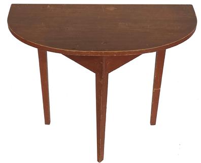 **SOLD** F100 19th century Demilune table in original dry red paint from the collection of Robert Perry, one board top, nice tapered legs circa 1820-1840 Measurements are 18" deep x 36" wide x 29" tall
