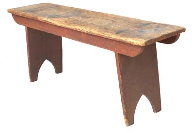 F11 19th century Pennsylvania splay leg double mortised Bench with beautiful dry red paint. The top of the bench is showing wonderful wear with double mortises on each end with a nice high cut out boot jack ends. It is tight and sturdy. Measurements: 44 1/4 " long x 11 1/2" deep x 17 1/4 tall