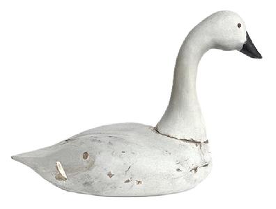 K115 Maryland Swan decoy - bearing second coat of working paint and tack eyes. Unknown carver. Heavy, solid wood - with evidence of water use / damage on bottom. Traces of rig initials (unreadable) painted in black on bottom. Approximate measurements: ~22 ½ long (from tip of bill to tip of tail) x ~10" wide x ~15 ½ tall.