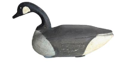 H515 Full sized Canadian Goose Decoy with carved feathers and distinct shelf neck. Original staple and two, very primitive, crossed weights are intact on bottom. Talbot County, Maryland decoy however the exact carver is unknown. Measurements: 21 5/8 long x 6 ¾ wide x 11 ½ tall.